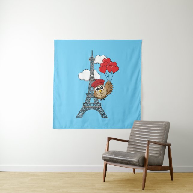 Owl Flying with Heart Balloons in Paris Wandteppich (Beispiel)
