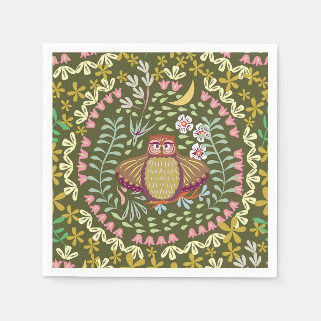 Owl Folk Green Serviette (Vorderseite)