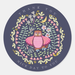 Owl Folk Navy Runder Aufkleber