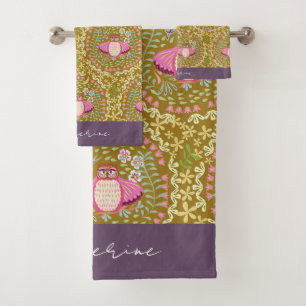 Owl Folk Olive Badhandtuch Set