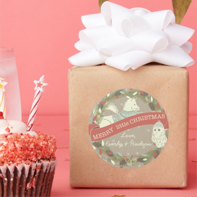 Owl Fox Frohe kleine Weihnachtsgarland des Lichts Runder Aufkleber (Party)