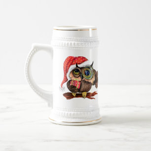 Owl in Christmas Hat und Gift Biere Stein Bierglas