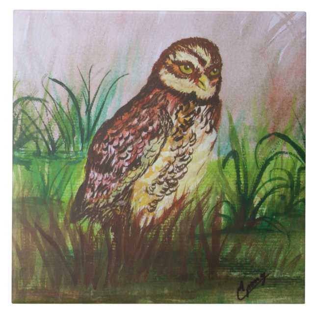 Owl in nature watercolor art fliese (Vorderseite)