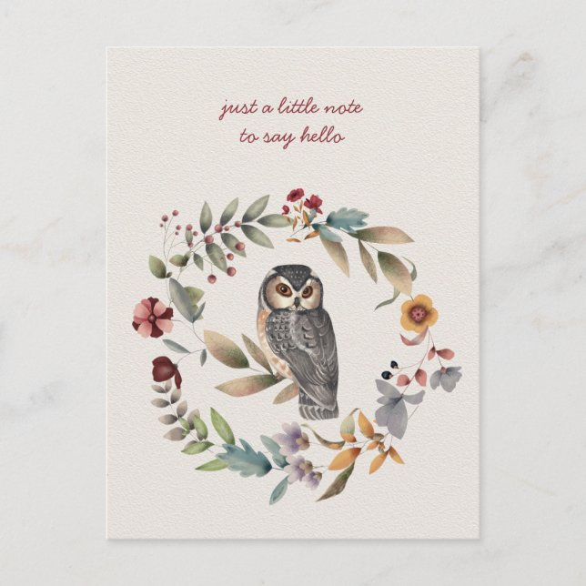 Owl Inside Floral Wreath Denken Sie an Sie Postkarte (Vorderseite)