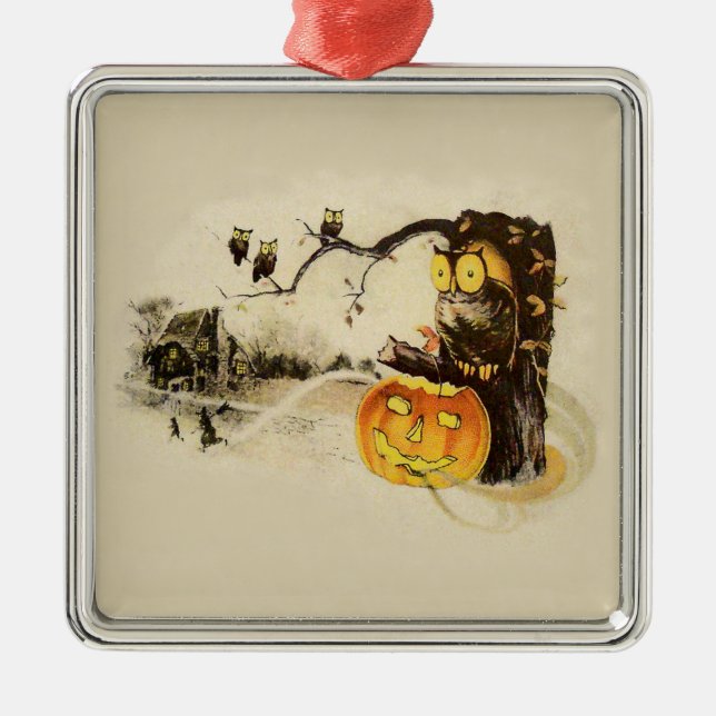 Owl Jack O' Lantern Pumpkin Tree Ornament Aus Metall (Vorne)