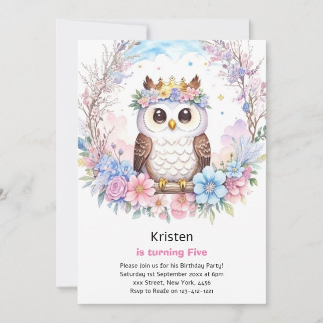 Owl Kids Girl zum Geburtstag Einladung (Vorderseite)