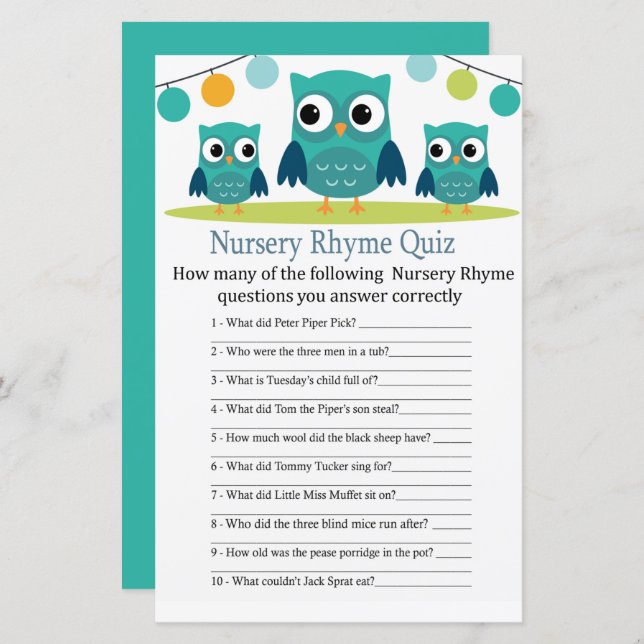Owl Kinderzimmer Rhyme Quiz Kinderduschenspiel (Vorne/Hinten)