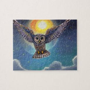 Owl klettert über Wolken auf Sternenhimmel Puzzle