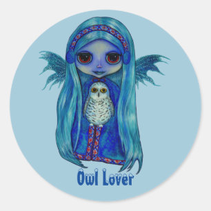 Owl Lover Fairy mit Snowy Owl Winter Big Eyes Runder Aufkleber