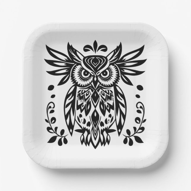Owl Lovers Rustic Woodlands Black White Bohemian  Pappteller (Vorderseite)
