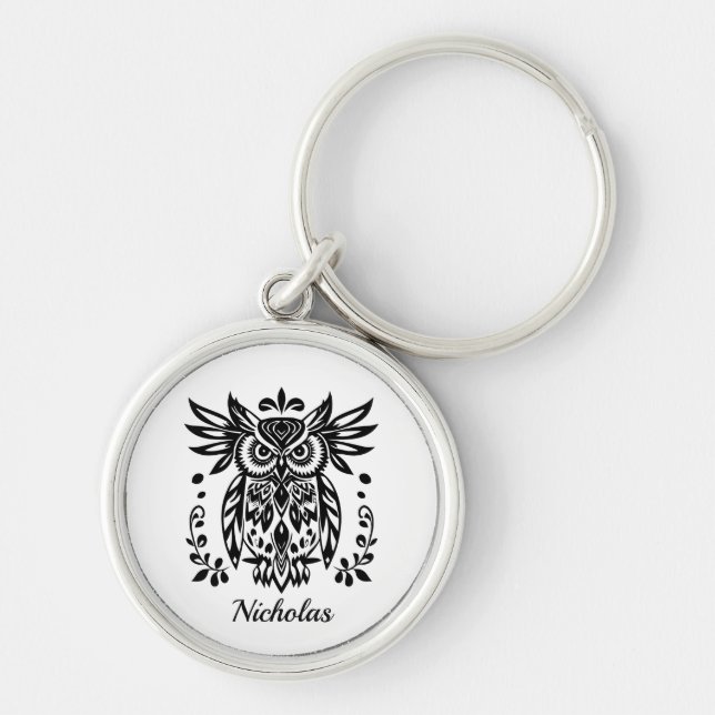 Owl Lovers Rustic Woodlands Black White Bohemian  Schlüsselanhänger (Vorne)