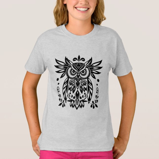 Owl Lovers Rustic Woodlands Black White Bohemian  T-Shirt (Vorderseite)