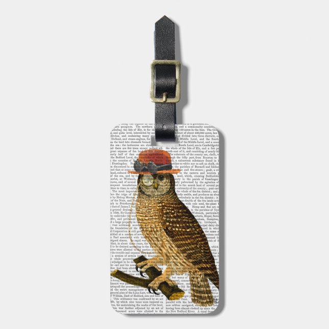Owl mit Steampunk Style Bowler Hat Gepäckanhänger (Vorderseite vertikal)