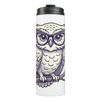 Owl mit Tiny Reading Brillen auf einer Zweignieder Thermosbecher