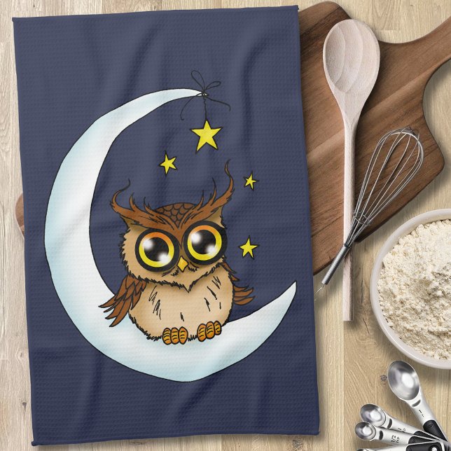 Owl Moon Blue Niedlich Stars Geschirrtuch (Von Creator hochgeladen)