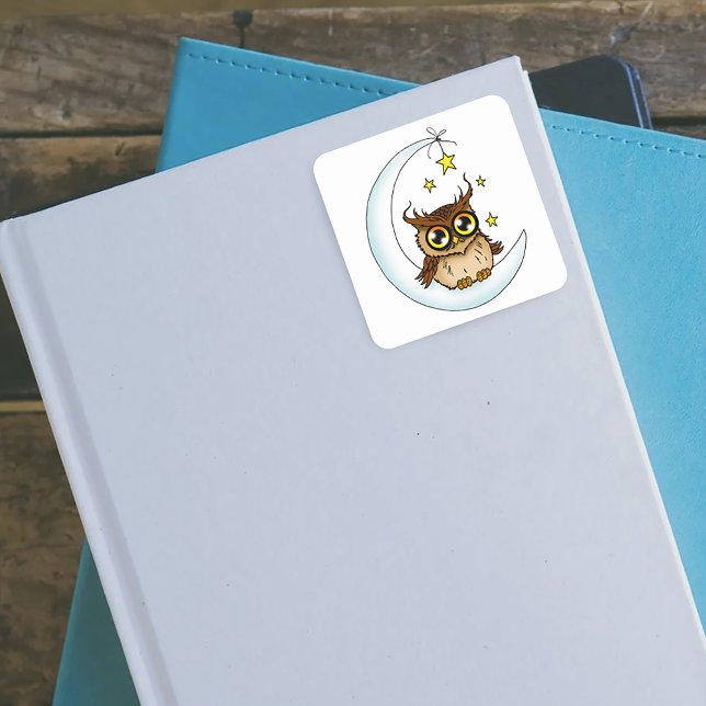 Owl Moon Blue Niedlich Stars Quadratischer Aufkleber (Von Creator hochgeladen)