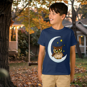 Owl Moon Blue Niedlich Stars T-Shirt