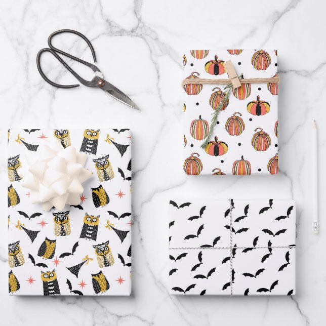 OWL-O-WEEN Halloween-Geschenkverpackungsbögen Geschenkpapier Set (Vorderseite)
