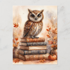 Owl on Books Autumn Aquarell Art Postkarte