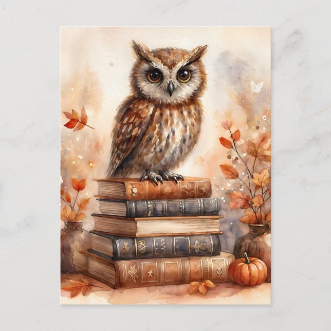 Owl on Books Autumn Aquarell Art Postkarte (Vorderseite)