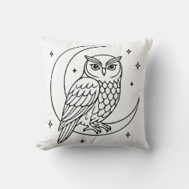 Owl on Crescent Moon with Stars Line Art Kissen