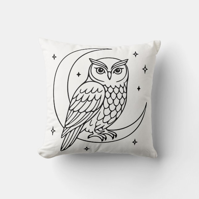  Owl on Crescent Moon with Stars Line Art Kissen (Vorderseite)