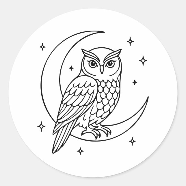  Owl on Crescent Moon with Stars Line Art Runder Aufkleber (Vorderseite)