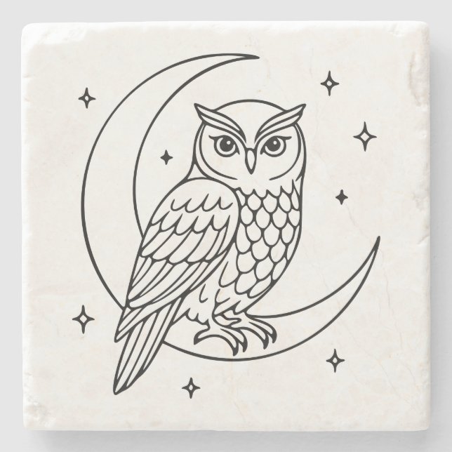  Owl on Crescent Moon with Stars Line Art Steinuntersetzer (Vorderseite)