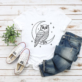 Owl on Crescent Moon with Stars Line Art T-Shirt