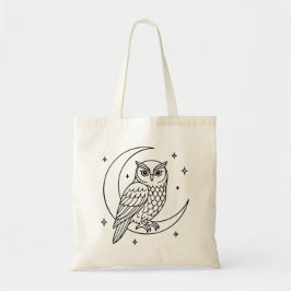 Owl on Crescent Moon with Stars Line Art Tragetasche
