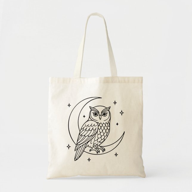  Owl on Crescent Moon with Stars Line Art Tragetasche (Vorne)