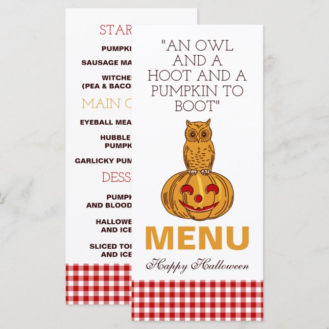 Owl on Pumpkin Gingham Pattern Menü Menükarte (Vorne/Hinten)