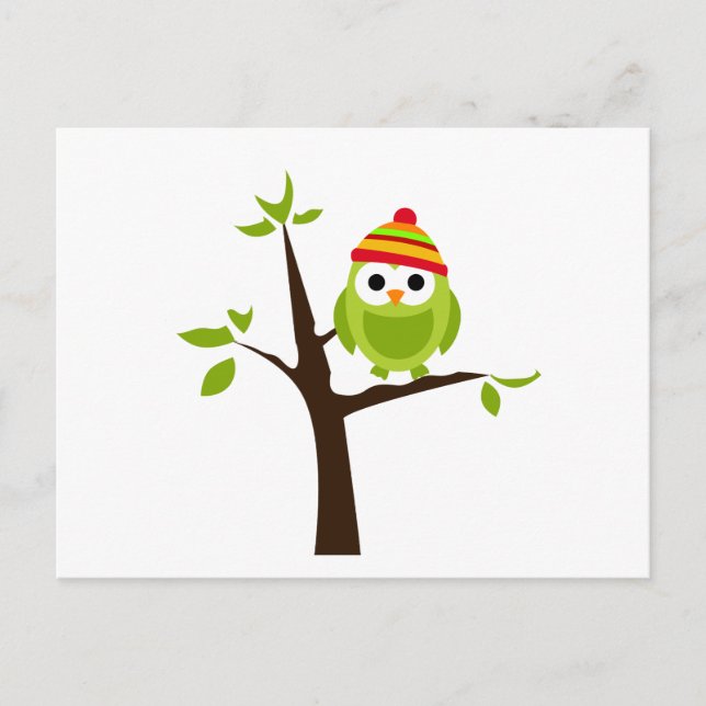 Owl Owls Bird Green Hat Schnee Niedlichen Baum Car Postkarte (Vorderseite)