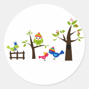 Owl Owls Vögel Winter Schnee Niedlicher Baum Carto Runder Aufkleber