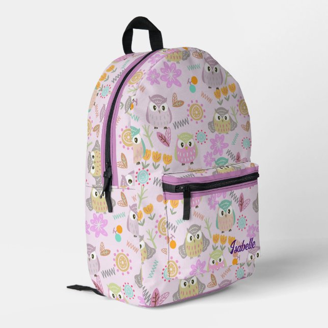 Owl Pastellrosa Bedruckter Rucksack (Rückseitige Ecke links)