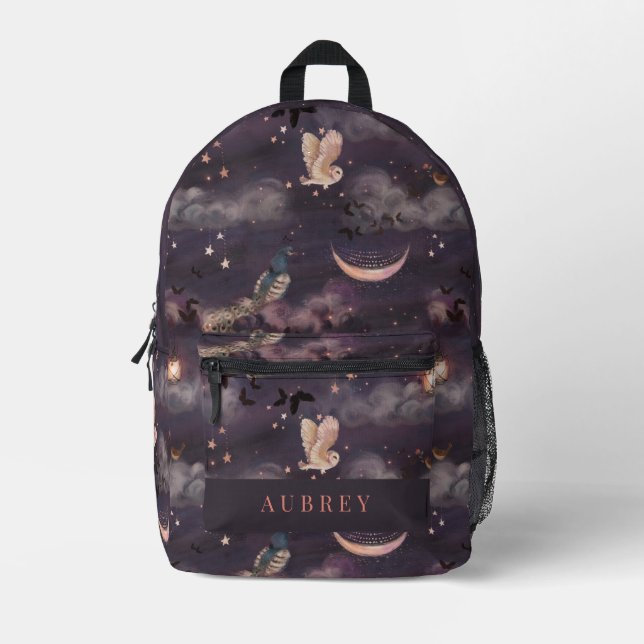 Owl & Peacock Crescent Moon Starry Night Sky Bedruckter Rucksack (Vorderseite)