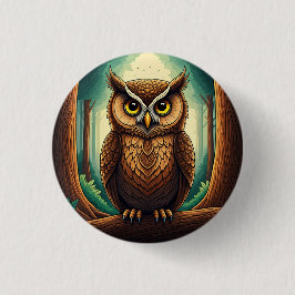 Owl perched on a tree log in a forest button