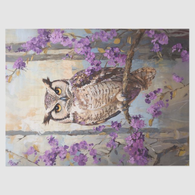 Owl Perched Purple Flowers Malerei Decoupage Seidenpapier (Vorderseite)
