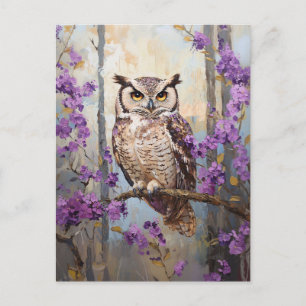 Owl Perched Purple Flowers Malerei Postkarte