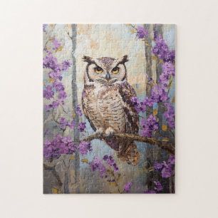 Owl Perched Purple Flowers Malerei Puzzle