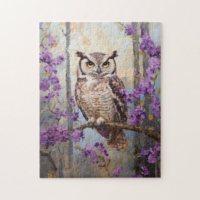 Owl Perched Purple Flowers Malerei Puzzle (Vertikal)