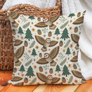 Owl Pine Trees Cones Stars Naturwärme Kissen