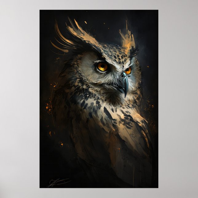 Owl Portrait Animal Nature Dark Painting Poster (Vorne)