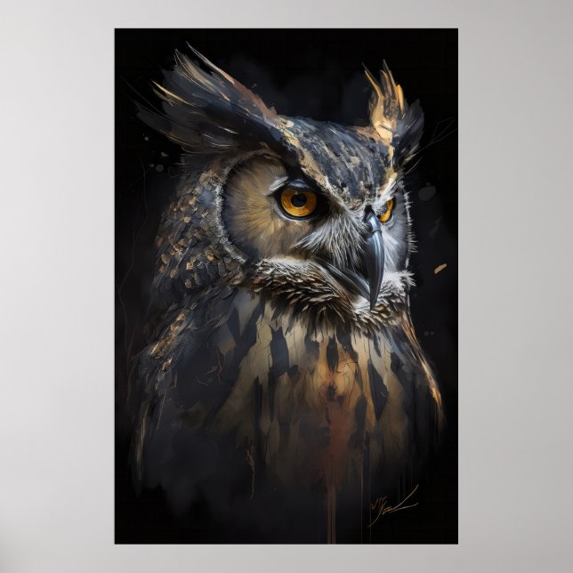 Owl Portrait Animal Nature Dark Painting Poster (Vorne)