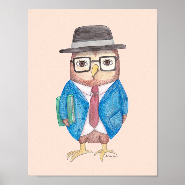 Owl Poster Funny Owl mit Book Animal Wall Dekorati (Vorne)