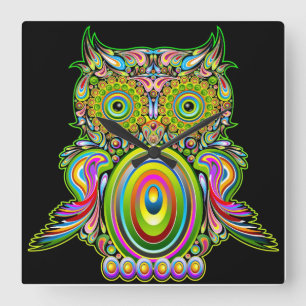 Owl Psychedelic Popart Wall Clock Quadratische Wanduhr