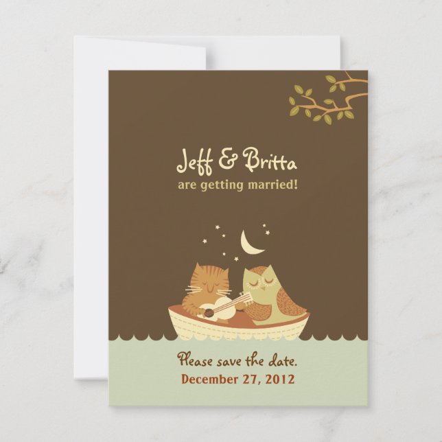 Owl & Pussycat Storybook Wedding (blau und braun) Save The Date (Vorderseite)