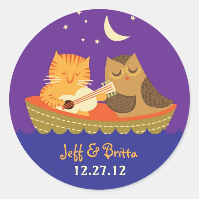 Owl & Pussycat Storybook Wedding (Lila und blau) Runder Aufkleber (Vorderseite)