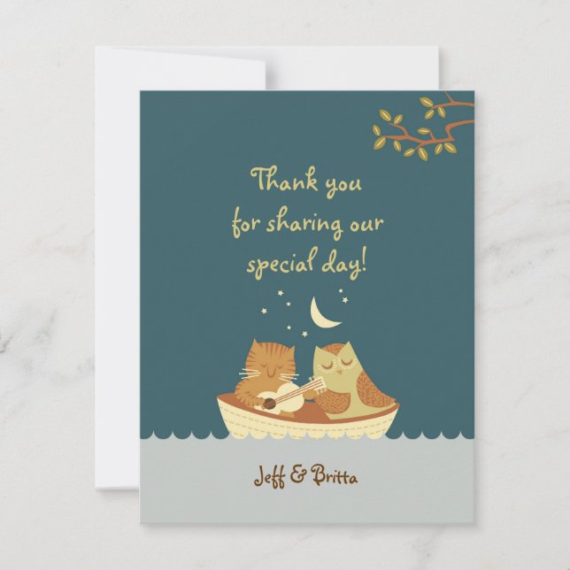 Owl & Pussycat Storybook Wedding (Sea Blue) Dankeskarte (Vorderseite)