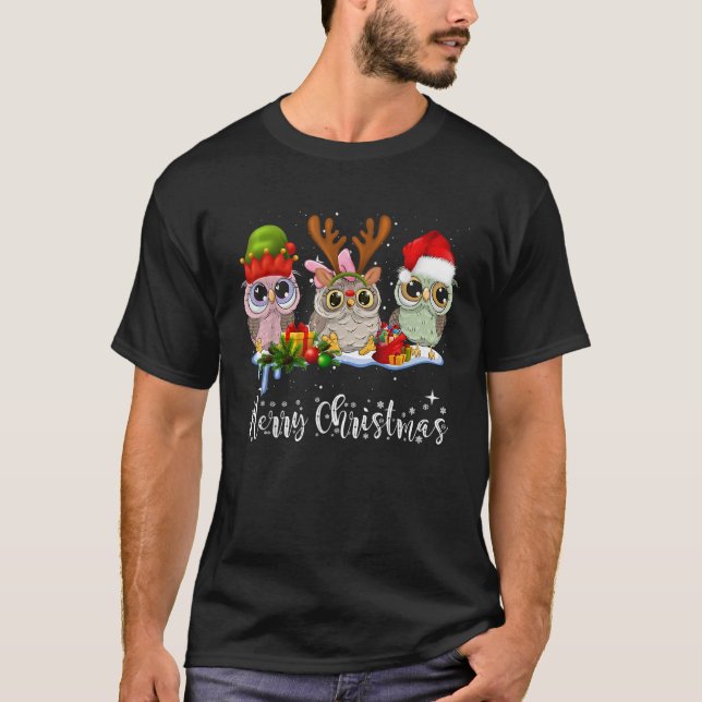 Owl Reindeer Merry Christmas Santa Hat Xmas Holida T-Shirt (Vorderseite)